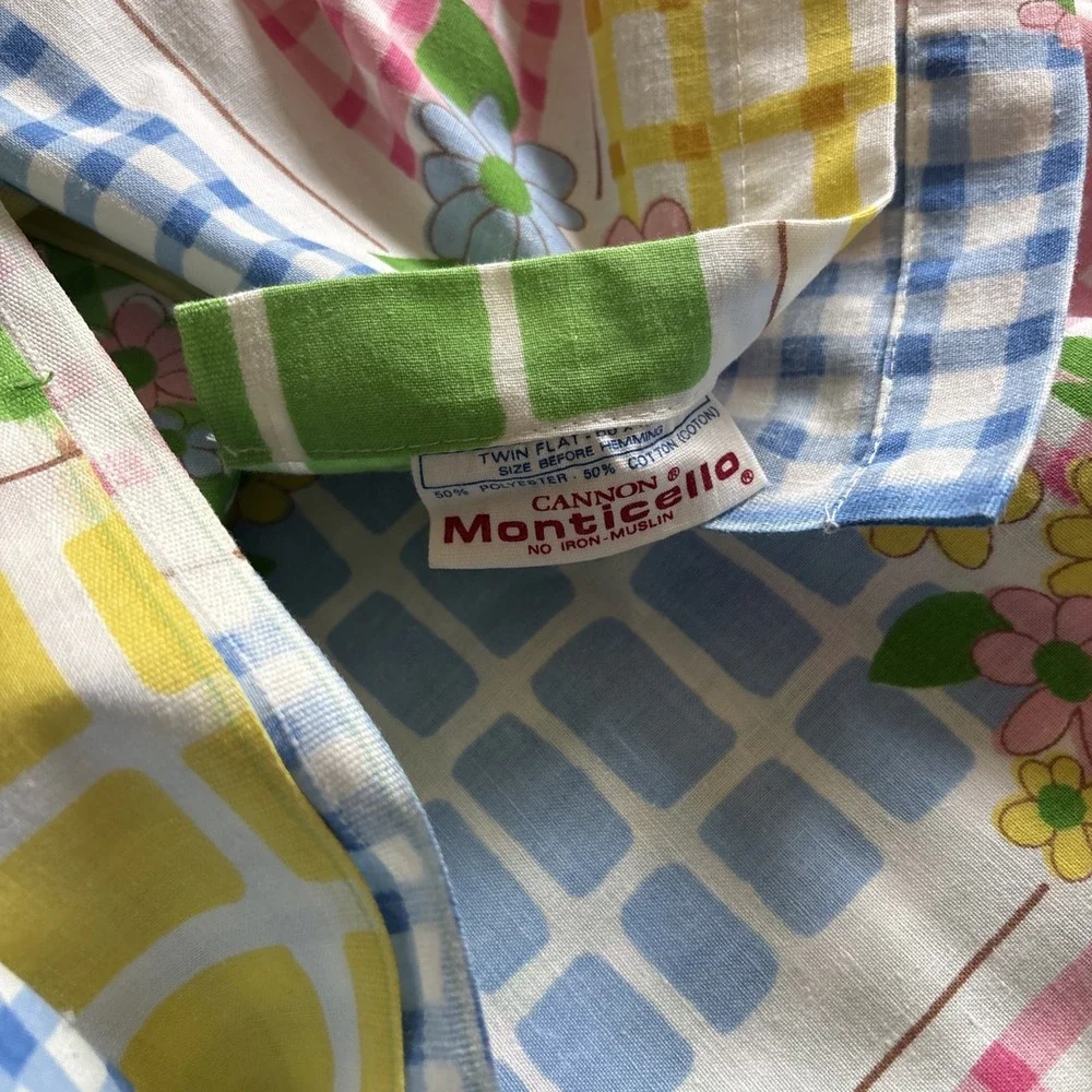 Vintage Cannon 70s Daisy TWIN‎ SIZE Sheet Set Gingham Square Monticello Muslin